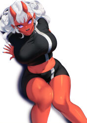 Rule 34 | 1girl, arm support, bare legs, bike shorts, black shirt, black shorts, blueorca, breasts, cropped shirt, curvy, feet out of frame, fingernails, grey hair, highres, horns, knees together feet apart, large breasts, looking at viewer, nail polish, navel, oni, original, pointy ears, purple eyes, shirt, shorts, skin-covered horns, solo, taut clothes, taut shirt, thick thighs, thighs