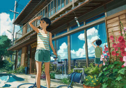 Rule 34 | 1girl, black eyes, black hair, blue shorts, blue sky, closed mouth, cloud, day, dolphin shorts, flower, hand up, hose, hose nozzle, house, kotatiyu, looking at viewer, original, outdoors, plant, potted plant, power lines, puddle, red flower, reflection, shirt, short hair, shorts, sky, sleeveless, sleeveless shirt, smile, solo, standing, striped clothes, striped shirt, utility pole, wind chime