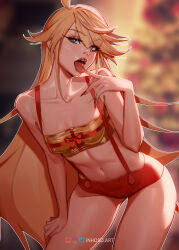 Rule 34 | 1girl, absurdres, blonde hair, blue eyes, breasts, collarbone, covered erect nipples, highres, inhoso, lips, long hair, midriff, navel, panty &amp; stocking with garterbelt, panty (psg), red shorts, shorts, small breasts, solo, strapless, suspenders, tongue, tongue out, tube top