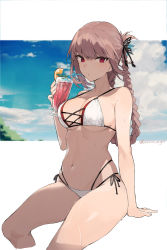 Rule 34 | 1girl, aiko (kanl), bad id, bad pixiv id, bare arms, bare shoulders, bikini, braid, breasts, brown hair, cleavage, cloud, cropped legs, cup, drinking glass, drinking straw, fate/grand order, fate (series), florence nightingale (fate), hair rings, halterneck, highres, holding, large breasts, long hair, looking at viewer, multi-strapped bikini, navel, red eyes, side-tie bikini bottom, sidelocks, sitting, skindentation, solo, stomach, string bikini, swimsuit, thighs, tropical drink, wet, white bikini