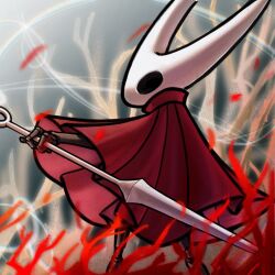 Rule 34 | 1girl, cloak, commentary, commission, english commentary, from behind, highres, holding, holding weapon, hollow knight, horned mask, hornet (hollow knight), mask, needle (hollow knight), red cloak, reverse grip, scerebrite, solo, weapon, wind