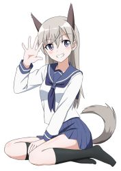 Rule 34 | 1girl, animal ears, dress, eila ilmatar juutilainen, grey eyes, grey hair, hair between eyes, hand on own leg, highres, kanata mako, looking at viewer, sailor dress, sitting, smile, socks, solo, strike witches, tail, waving, white background, world witches series