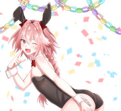 Rule 34 | 1boy, ;d, animal ears, arm at side, ass, astolfo (fate), bad id, bad pixiv id, bare arms, bare shoulders, black leotard, blush, bow, bowtie, braid, commentary request, confetti, detached collar, fake animal ears, fang, fate/apocrypha, fate/grand order, fate (series), from side, hair between eyes, hair bow, hair ornament, leaning forward, leotard, long hair, looking at viewer, male focus, male playboy bunny, one eye closed, open mouth, pink hair, playboy bunny, pointing, pointing at self, purple eyes, rabbit ears, red bow, red bowtie, rossa (pixiv27548922), simple background, single braid, smile, strapless, strapless leotard, trap, white background, wrist cuffs