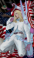 Rule 34 | american flag, ball, belt, blonde hair, blue eyes, coat, commentary, danart14020, dirty deeds done dirt cheap, funny valentine, gloves, gun, gyro zeppeli, highres, historical american flag, holding, holding ball, holding gun, holding weapon, jojo no kimyou na bouken, long hair, long sleeves, looking to the side, male focus, open mouth, pants, realistic, shirt, stand (jojo), steel ball, steel ball run, weapon