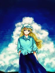 Rule 34 | 1girl, alternate costume, blonde hair, blue dress, blue eyes, blue shirt, blue sky, closed mouth, cloud, cloudy sky, collared shirt, commentary request, dress, feet out of frame, hat, highres, kihaji140, long hair, looking at viewer, maribel hearn, mob cap, shirt, sky, sleeves past elbows, smile, solo, touhou, white hat, wind