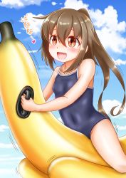 Rule 34 | 1girl, banana boat, bare legs, blue sky, blue one-piece swimsuit, breasts, brown eyes, brown hair, cloud, collarbone, covered navel, day, fumizuki (kancolle), hair between eyes, highres, inflatable raft, inflatable toy, kantai collection, long hair, lying, new school swimsuit, ocean, on banana, on stomach, one-piece swimsuit, open mouth, outdoors, ponytail, riding, school swimsuit, sky, small breasts, smile, solo, swimsuit, ura tomomi