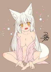 Rule 34 | 1girl, animal ear fluff, animal ears, areola slip, bare shoulders, blush, breasts, brown background, cleavage, collarbone, commentary request, fang, flower, fox ears, fox tail, full body, kohaku (yua), large breasts, lips, long hair, looking at viewer, naked shirt, navel, off-shoulder shirt, off shoulder, open clothes, open mouth, open shirt, original, pink shirt, shirt, short eyebrows, simple background, sitting, sketch, slit pupils, solo, tail, thick eyebrows, white hair, yellow eyes, yua (checkmate)