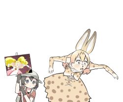 Rule 34 | 10s, animal ears, backpack, bag, black hair, blonde hair, elbow gloves, extra ears, fuyuri (tibirobo), gloves, hat, highres, kaban (kemono friends), kemono friends, photo-referenced, photo inset, quality, reference inset, serval (kemono friends), sign, white background