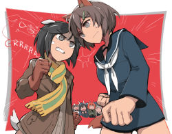 Rule 34 | 10s, 6+girls, angry, animal ears, black hair, brave witches, brown hair, clenched hands, edytha rossmann, expressionless, georgette lemare, glaring, gloves, grey eyes, growling, gundula rall, kanno naoe, karibuchi hikari, kitagou fumika, looking at another, multiple girls, rabbit girl, red hair, scarf, shimohara sadako, shiraba (sonomama futene), sweatdrop, tail, twintails, world witches series