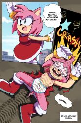 Rule 34 | 1girl, @ @, ahoge, amy rose, arm up, arms up, bob cut, boots, colored skin, comic, day, defeat, dizzy, dress, english text, euf-dreamer, eyelashes, female focus, full body, furry, furry female, gloves, green eyes, hedgehog ears, hedgehog girl, hedgehog tail, highres, humiliation, humor, knee boots, legs, looking at another, missing tooth, multicolored skin, navel, neck, no bra, open mouth, outdoors, outstretched arms, pain, panties, panties only, pink hair, print panties, public indecency, public nudity, red dress, shiny skin, sidelocks, sky, sonic (series), sound effects, source request, speech bubble, spread arms, spread legs, talking, thighs, torn clothes, torn dress, two-tone skin, underwear, unicorn print, violence, wardrobe malfunction, waving
