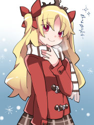 Rule 34 | 1girl, alternate costume, blonde hair, blush, commentary request, cowboy shot, ereshkigal (fate), fate/grand order, fate (series), hair ribbon, hammer (sunset beach), jacket, long hair, long sleeves, looking at viewer, plaid, plaid skirt, red eyes, ribbon, scarf, skirt, smile, solo, standing, tiara, two side up, winter clothes