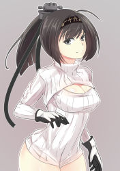 Rule 34 | 10s, 1girl, akizuki (kancolle), black hair, breasts, cleavage, gloves, grey eyes, hachimaki, hair ornament, headband, highres, kantai collection, meme attire, naked sweater, open-chest sweater, ponytail, ribbed sweater, solo, sweater, wo jianqiang fu guo