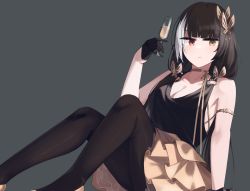 Rule 34 | 1girl, absurdres, black dress, black gloves, black hair, black pantyhose, breasts, cleavage, closed mouth, cup, dress, drinking glass, foot out of frame, girls&#039; frontline, gloves, gold choker, grey background, hair ornament, hairclip, hand on floor, heterochromia, highres, hinami047, holding, holding cup, long hair, looking at viewer, medium breasts, multicolored hair, official alternate costume, on floor, pantyhose, red eyes, ro635 (enforcer of the law) (girls&#039; frontline), ro635 (girls&#039; frontline), sitting, skirt, solo, streaked hair, two-tone dress, wine glass, yellow eyes, yellow skirt