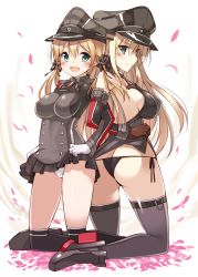 Rule 34 | 10s, 2girls, :d, anchor hair ornament, ass, bismarck (kancolle), black legwear, black panties, blonde hair, blue eyes, blush, breasts, butt crack, detached sleeves, gloves, green eyes, hair ornament, hat, highres, kantai collection, large breasts, locked arms, long hair, long sleeves, looking at viewer, microskirt, military, military uniform, multiple girls, ohta yuichi, open mouth, panties, peaked cap, prinz eugen (kancolle), side-tie panties, simple background, skirt, smile, thighhighs, twintails, underwear, uniform, white background, white gloves, white panties