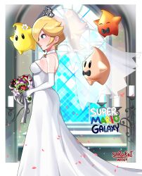Rule 34 | 1girl, ^ ^, absurdres, alternate costume, artist name, bare shoulders, black bow, black bowtie, black eyes, black flower, blank eyes, blonde hair, blue eyes, blue gemstone, blurry, blurry background, blush, border, bouquet, bow, bowtie, breasts, bridal veil, bride, brooch, candle, candlestand, choker, closed eyes, closed mouth, copyright name, cosplay, dress, earrings, elbow gloves, english text, female focus, floating, flower, from side, gem, gloves, grey headwear, hair flaps, hair flower, hair ornament, hair over one eye, hair tie, hands up, highres, holding, holding bouquet, indoors, jewelry, lips, lipstick, long dress, long hair, luma (mario), makeup, mario (series), medium breasts, nintendo, outside border, peewee piranha, petals, piranha plant, ponytail, prickly piranha plant, profile, purple flower, red flower, rosalina, sarukaiwolf, see-through, sharp teeth, sideboob, sidelocks, signature, solo focus, sparkle, spikes, standing, star (symbol), star earrings, strapless, strapless dress, super mario galaxy, super mario odyssey, teeth, tiara, tongue, tongue out, traditional bowtie, veil, wedding dress, white border, white choker, white dress, white flower, white gloves, window
