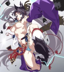 Rule 34 | 1girl, absurdres, animal ears, armor, armpits, asymmetrical sleeves, bare shoulders, black footwear, black gloves, black hair, black hat, blue eyes, blue panties, breast curtains, breasts, detached sleeves, fate/grand order, fate (series), faulds, gloves, hair rings, hat, highres, holding, holding sword, holding weapon, japanese armor, kneehighs, kusazuri, long hair, long sleeves, looking at viewer, medium breasts, mismatched sleeves, navel, panties, parted bangs, pom pom (clothes), ponytail, pretty-purin720, red ribbon, revealing clothes, ribbon, socks, solo, stomach, sword, tassel, underwear, ushiwakamaru (fate), very long hair, weapon, white socks