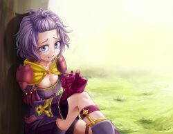 Rule 34 | 1girl, bernadetta von varley, breasts, cleavage, commentary, dress, english commentary, fire emblem, fire emblem: three houses, fire emblem warriors: three hopes, front ponytail, gloves, hair tie, laz gm, long sleeves, looking at viewer, medium breasts, medium hair, messy hair, nintendo, official alternate costume, official alternate hairstyle, open mouth, purple dress, purple eyes, purple gloves, purple hair, solo, topknot