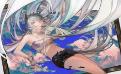 Rule 34 | 1girl, absurdres, animal ear fluff, animal ears, arknights, armpits, bare arms, bare shoulders, black shorts, blue eyes, blue nails, breasts, closed mouth, feet out of frame, gloves, grey hair, highres, lappland (arknights), long hair, looking at viewer, lying, material growth, medium breasts, naijiaer, nail polish, navel, on back, oripathy lesion (arknights), outside border, picture frame, scar, scar across eye, scar on face, short shorts, shorts, single glove, smile, solo, stomach, strapless, through medium, through painting, tube top, very long hair, white gloves, wolf ears