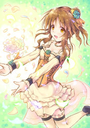 Rule 34 | 10s, 1girl, :d, aoiya soujirou, blush, breasts, brown hair, dress, frilled dress, frills, hair ornament, highres, idolmaster, idolmaster cinderella girls, leg up, long hair, open mouth, outstretched arm, petals, smile, solo, takamori aiko, thighhighs