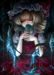 Rule 34 | 1girl, ascot, blonde hair, closed eyes, collared shirt, commentary request, crystal, drill hair, dripping, fingernails, flandre scarlet, flower, frilled shirt collar, frilled sleeves, frills, green flower, green rose, hat, hat ribbon, highres, holding, holding flower, medium bangs, medium hair, melting, mizuhichi, mob cap, puffy short sleeves, puffy sleeves, red nails, red ribbon, red skirt, red vest, ribbon, rose, sharp fingernails, shirt, short sleeves, skirt, skirt set, solo, touhou, vest, white hat, white shirt, wings, yellow ascot