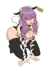 Rule 34 | 1girl, absurdres, animal print, breasts, brown eyes, cleavage, cow horns, cow print, cowbell, cowgirl outfit, ear tag, highres, hiiragi shinoa, horns, large breasts, owari no seraph, purple hair, solo, thick thighs, thighhighs, thighs, yuunoaboi21