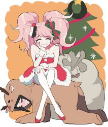 Rule 34 | 2girls, animal costume, bare arms, bare legs, bear hair ornament, black hair, blush, border, bow, christmas, christmas tree, commentary, crossed legs, danganronpa: trigger happy havoc, danganronpa (series), dress, embarrassed, enoshima junko, closed eyes, full body, fur-trimmed dress, fur trim, green bow, grin, hair bow, hair ornament, hand on own cheek, hand on own face, human chair, human furniture, ikusaba mukuro, incest, multiple girls, nabu (d4ng4nn6bu12), nail polish, open mouth, orange background, red bow, red dress, red footwear, red nails, reindeer costume, sack, santa dress, short hair, siblings, simple background, sisters, sitting, sitting on person, smile, snowflakes, strapless, strapless dress, striped, striped bow, twincest, twins, wreath, wrist cuffs, yuri
