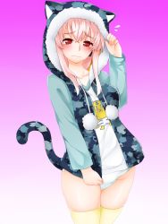 Rule 34 | 1girl, animal ears, animal hood, blush, breasts, cat ears, cat hood, cat tail, elle (apoclypse), headphones, highres, hood, large breasts, long hair, looking at viewer, nitroplus, no pants, panties, pink hair, pom pom (clothes), red eyes, skindentation, solo, super sonico, tail, thighhighs, underwear, wavy mouth