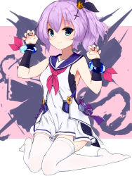 Rule 34 | 1girl, ascot, azur lane, bare shoulders, breasts, claw pose, commentary, cross hair ornament, green eyes, hair ornament, hair ribbon, highres, javelin (azur lane), looking at viewer, ponytail, purple hair, remodel (azur lane), ribbon, sailor collar, short hair, sitting, skirt, sleeveless, small breasts, smile, sutorea, symbol-only commentary, thighhighs, wariza, white skirt, white thighhighs