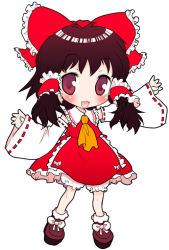 Rule 34 | 1girl, :3, ascot, black hair, bloomers, blush, bow, chibi, detached sleeves, female focus, frilled skirt, frills, full body, hair bow, hair tubes, hakurei reimu, looking at viewer, okome (ricecandy), open mouth, outstretched arms, red bow, red eyes, red ribbon, red skirt, ribbon, ribbon-trimmed sleeves, ribbon trim, ricecandy, shoes, shunsei (muratou), sidelocks, simple background, skirt, skirt set, smile, solo, touhou, underwear, vest, white background, white bloomers, white legwear