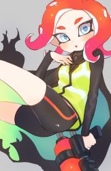 Rule 34 | 1girl, :o, agent 8 (splatoon), ass, bad id, bad twitter id, bike shorts, black cape, breasts, cape, fang, green vest, grey background, grey eyes, hand up, highres, holding, jtveemo, long hair, long sleeves, looking at viewer, nintendo, octoling, octoling girl, octoling player character, octoshot (splatoon), open mouth, red hair, small breasts, solo, splatoon (series), splatoon 2, splatoon 2: octo expansion, squidbeak splatoon, suction cups, tentacle hair, torn cape, torn clothes, vest