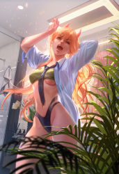 Rule 34 | 1girl, backlighting, bathroom, black necktie, black panties, breasts, chainsaw man, commentary, english commentary, fan yang (jiuge), fangs, fingernails, green sports bra, high-waist panties, highres, horns, long hair, makeup, mascara, messy hair, multi-strapped panties, navel, necktie, one eye closed, open clothes, open mouth, open shirt, panties, power (chainsaw man), red eyes, red horns, sleeves pushed up, small breasts, solo, sports bra, standing, underboob, underwear, yawning