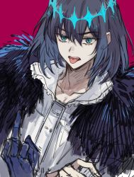 Rule 34 | 1boy, aqua eyes, black hair, blue hairband, bob cut, claws, collared shirt, diamond hairband, fate/grand order, fate (series), fur-trimmed jacket, fur trim, hair between eyes, hairband, jacket, male focus, medium hair, middle finger, oberon (fate), oberon (third ascension) (fate), official alternate costume, red background, shichimi (ftlvampire32), shirt, solo, tongue, tongue out, upper body, white shirt