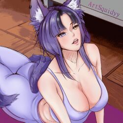 Rule 34 | 1girl, absurdres, animal ear fluff, animal ears, artist name, artsquidyy, awful queen (vtuber), breasts, fox ears, fox girl, fox tail, gymnastics, heterochromia, highres, indie virtual youtuber, large breasts, monster girl, non-web source, open mouth, purple hair, short hair, tail