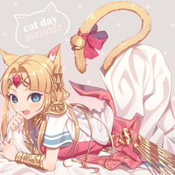 Rule 34 | 1girl, animal ear fluff, animal ears, bell, blonde hair, blue eyes, cat day, cat ears, cat tail, commentary, dated, dress, english commentary, english text, fang, feet out of frame, grey background, jingle bell, long hair, looking at viewer, lying, miri (cherryjelly), nintendo, on stomach, open mouth, princess zelda, short sleeves, simple background, solo, super smash bros., tail, the legend of zelda, the legend of zelda: a link between worlds, white dress