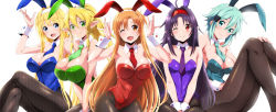 Rule 34 | 5girls, absurdres, alice zuberg, animal costume, animal ears, asuna (sao), breasts, fake animal ears, female focus, highres, island (kossori), large breasts, leafa, leotard, looking at viewer, multiple girls, playboy bunny, simple background, sinon, small breasts, sword art online, take your pick