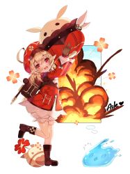 Rule 34 | 1girl, ;d, absurdres, ahoge, aile (crossroads), arms up, backpack, bag, blonde hair, bloomers, blush, boots, brown footwear, brown gloves, cabbie hat, child, commentary request, dress, explosion, from side, genshin impact, gloves, hat, head tilt, highres, klee (genshin impact), long hair, long sleeves, looking at viewer, looking to the side, low twintails, one eye closed, open mouth, pointy ears, puffy long sleeves, puffy sleeves, red dress, red headwear, ribbed legwear, signature, slime (genshin impact), smile, socks, solo focus, standing, standing on one leg, twintails, underwear, white bloomers, white socks