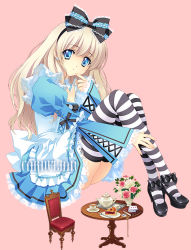 Rule 34 | 1girl, alice (alice in wonderland), alice in wonderland, apron, black footwear, blonde hair, blue eyes, book, bow, butter knife, card, carnelian, chair, cup, dress, flower, food, giant, giantess, hair bow, high heels, lace, pie, pile of cards, plate, platform footwear, platform heels, playing card, pocket watch, shoes, simple background, sitting, solo, striped clothes, striped thighhighs, table, tea, teacup, teapot, thighhighs, vase, watch
