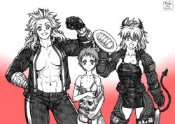 Rule 34 | 3girls, abs, apron, bandages, blade of fury, breasts, cleavage, demon tail, dorohedoro, dumpling, earrings, ebisu (dorohedoro), flat chest, flexing, food, gloves, horns, jacket, jewelry, jiaozi, leather, leather jacket, long hair, looking at viewer, mask, multiple girls, muscular, muscular female, nikaidou (dorohedoro), noi (dorohedoro), red eyes, short hair, spatula, tail