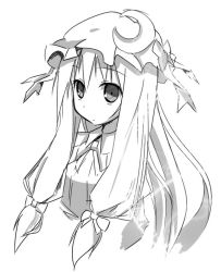 Rule 34 | 1girl, greyscale, hat, long hair, monochrome, patchouli knowledge, simple background, sky-freedom, solo, touhou, very long hair, white background