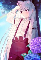 Rule 34 | 1girl, :o, arm strap, blush, bow, buttons, collared shirt, commentary request, cowboy shot, day, dew drop, flower, flower request, fujiwara no mokou, hair bow, hand up, highres, light particles, long hair, long sleeves, nupeya, pants, parted lips, rainbow, red bow, red eyes, red pants, shirt, sidelocks, snail, solo, suspenders, touhou, tree, two-tone bow, very long hair, water drop, white bow, white hair, white shirt