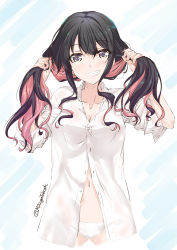 Rule 34 | 1girl, black hair, breasts, bunching hair, cleavage, closed mouth, commentary request, gradient background, hair between eyes, holding, holding hair, kantai collection, large breasts, long hair, mikage takashi, multicolored hair, naganami (kancolle), panties, pink hair, purple eyes, shirt, smile, solo, twintails, two-tone hair, underwear, wavy hair, white panties, white shirt