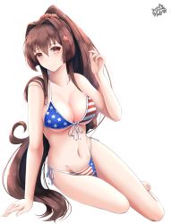 Rule 34 | 1girl, alternate costume, american flag bikini, american flag print, barefoot, bikini, breasts, brown eyes, brown hair, cherry blossoms, commission, flag print, flower, front-tie bikini top, front-tie top, hachiware (8ware63), hair flower, hair ornament, highres, kantai collection, large breasts, long hair, looking at viewer, navel, pixiv commission, ponytail, print bikini, print swimsuit, side-tie bikini bottom, sidelocks, simple background, solo, string bikini, swimsuit, very long hair, white background, yamato (kancolle)
