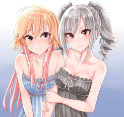 Rule 34 | &gt;:), 2girls, bad id, bad pixiv id, bare shoulders, black bow, black dress, blue background, blue dress, bow, breasts, cleavage, closed mouth, collarbone, dress, drill hair, flat chest, gradient background, hair bow, highres, idolmaster, idolmaster cinderella girls, kanzaki ranko, lips, looking at viewer, medium breasts, multicolored hair, multiple girls, ninomiya asuka, orange hair, pink hair, purple eyes, red eyes, red ribbon, ribbon, shirushiru (saitou888), sidelocks, silver hair, smile, strapless, strapless dress, striped clothes, striped dress, tsurime, twin drills, twintails, two-tone hair, upper body, v-shaped eyebrows, vertical-striped clothes, vertical-striped dress, white ribbon
