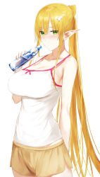 Rule 34 | 1girl, akitaka akita, bare shoulders, blonde hair, blush, bottle, breasts, brown shorts, camisole, cleavage, collarbone, cowboy shot, elf, green eyes, hair ornament, hairclip, highres, holding, holding bottle, large breasts, long hair, original, pointy ears, ponytail, ramune, shorts, sidelocks, simple background, sleeveless, solo, white background