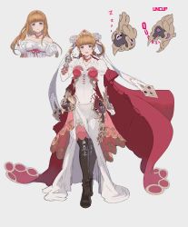 Rule 34 | 1girl, :d, adz, bad id, bad pixiv id, black footwear, blue eyes, blush, boots, breasts, brown hair, cape, choker, closed mouth, collarbone, dress, english text, granblue fantasy, grey background, hair down, hair rings, head tilt, highres, juliet (granblue fantasy), looking at viewer, medium breasts, multiple views, open mouth, puffy short sleeves, puffy sleeves, short sleeves, smile, standing, thigh boots, thighhighs, tiara, white dress, zzz