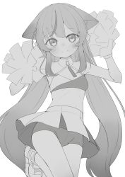 Rule 34 | 1girl, absurdres, animal ear fluff, animal ears, arm up, bare arms, bare shoulders, blue archive, blush, cheerleader, closed mouth, cosplay, greyscale, hand up, hibiki (blue archive), highres, kokona (blue archive), long hair, monochrome, multicolored hair, navel, okota mikan, pleated skirt, pom pom (cheerleading), shoes, shorts, shorts under skirt, simple background, skirt, smile, solo, standing, standing on one leg, streaked hair, very long hair, white background