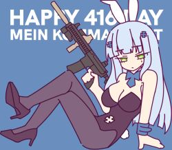 Rule 34 | 1girl, animal ears, assault rifle, bare shoulders, black footwear, black pantyhose, blue background, blue hair, breasts, cleavage, commentary, crossed legs, english commentary, english text, girls&#039; frontline, green eyes, gun, hair ornament, high heels, highres, hk416 (girls&#039; frontline), holding, holding gun, holding weapon, long hair, looking at viewer, necktie, pantyhose, rabbit ears, rabbit hole (vocaloid), rifle, simple background, sitting, snafu (snafy snu), solo, teardrop facial mark, weapon