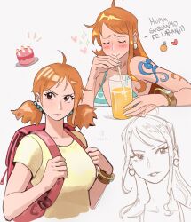 Rule 34 | 1girl, absurdres, ahoge, arm tattoo, artist logo, artist name, averting eyes, backpack, bag, bare arms, bikini, bikini top only, blush, bracelet, breasts, brown eyes, cake, close-up, closed eyes, closed mouth, collarbone, cup, drinking glass, drinking straw, earrings, facing viewer, food, frown, fruit, furrowed brow, happy, head tilt, heart, highres, iago fn, jewelry, juice, lips, log pose, long hair, looking to the side, mandarin orange, medium breasts, multiple views, nami (one piece), nose, official alternate costume, one piece, orange juice, partially colored, portrait, red bag, shirt, short hair, short twintails, sidelocks, simple background, star (symbol), swimsuit, tareme, tattoo, twintails, v-shaped eyebrows, yellow shirt