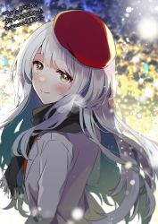 Rule 34 | 1girl, alternate costume, anbutter siruko, beret, black scarf, blurry, blush, bokeh, breath, commentary request, commission, depth of field, hat, jacket, kantai collection, long hair, looking at viewer, red hat, scarf, shoukaku (kancolle), sidelocks, skeb commission, smile, solo, sparkle, upper body, white hair, yellow eyes