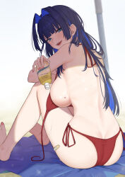 Rule 34 | 1girl, absurdres, ass, back, bandaid, bangom r, bare shoulders, beach, beach towel, beach umbrella, bikini, birthmark, black hair, blue eyes, blue hair, blunt bangs, blush, bottle, breasts, day, from behind, hair intakes, heart-shaped birthmark, highres, hololive, hololive english, large breasts, long hair, looking at viewer, looking back, lotion, lotion bottle, multicolored hair, mythbreakers (hololive english), official alternate hair length, official alternate hairstyle, open mouth, ouro kronii, outdoors, red bikini, sand, side-tie bikini bottom, sideboob, sitting, sky, smile, solo, sunscreen, swimsuit, thighs, towel, two-tone hair, umbrella, untied bikini, virtual youtuber, water drop, wet
